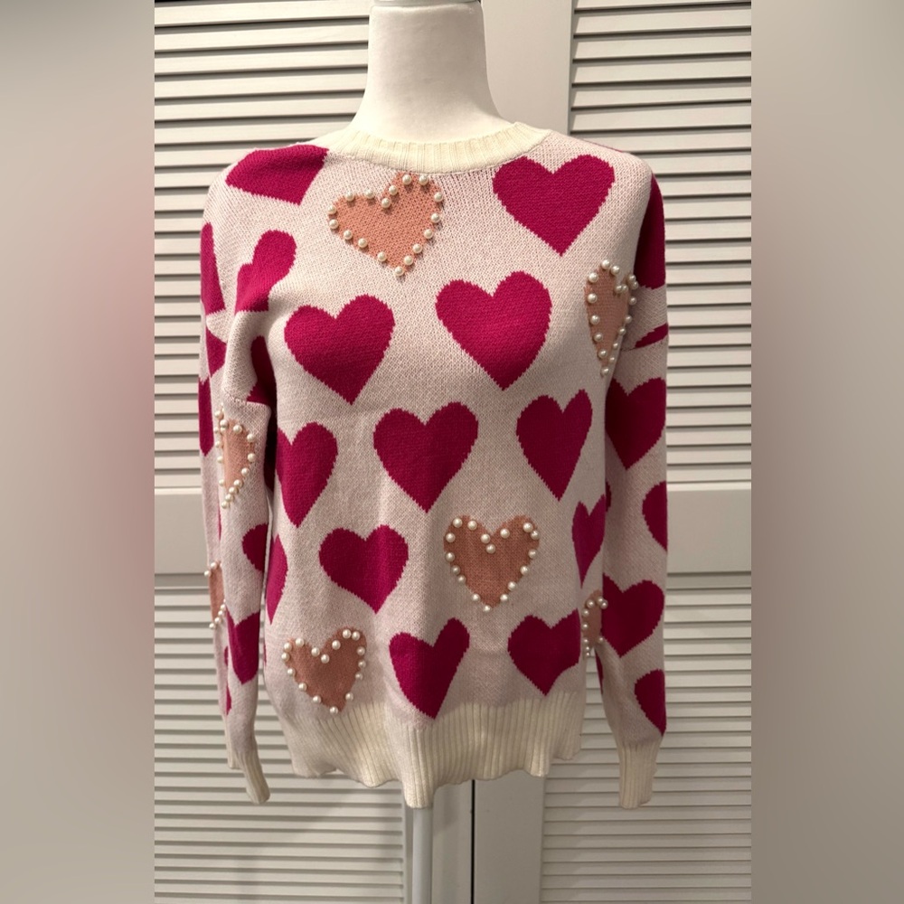 Heart Patterned Sweater with Pearl Accents